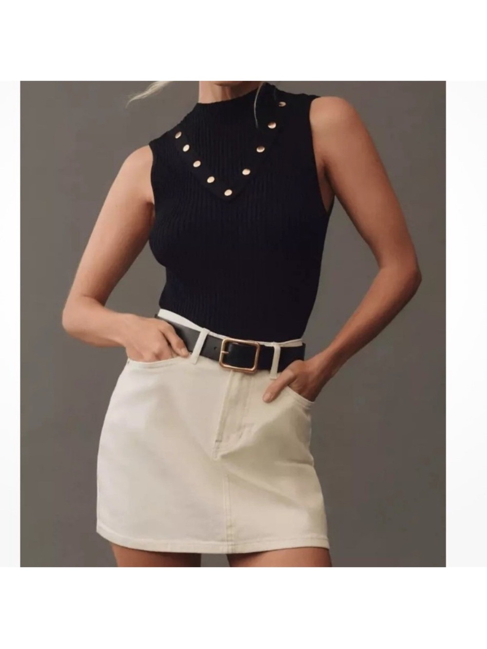 Eva Franco Black Ribbed Tank with Gold Stud V-Neck